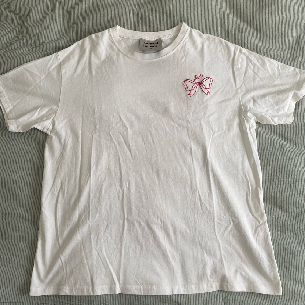Damson Madder White Tee with Red Bow Accent.